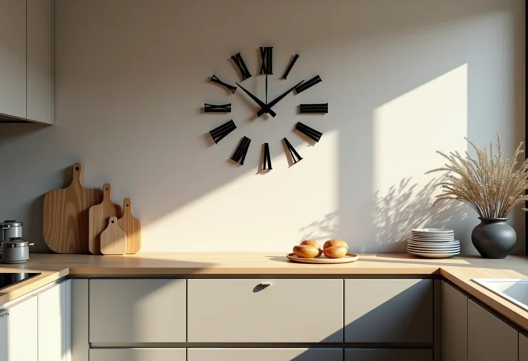Relógio de parede moderno em cozinha bem iluminada