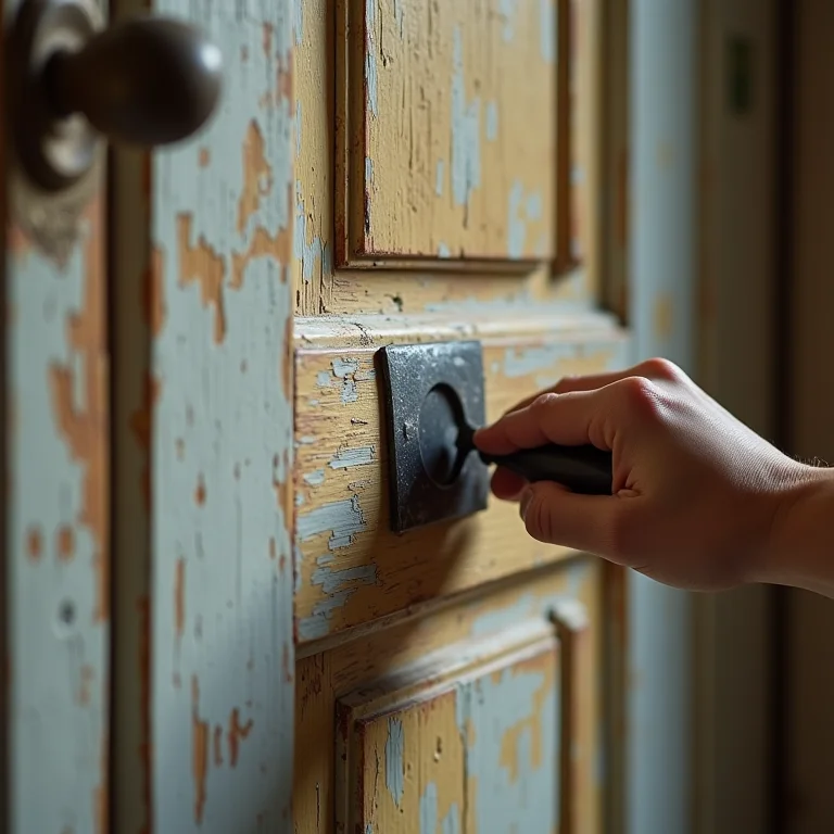 Removendo a tinta antiga da porta com espátula.