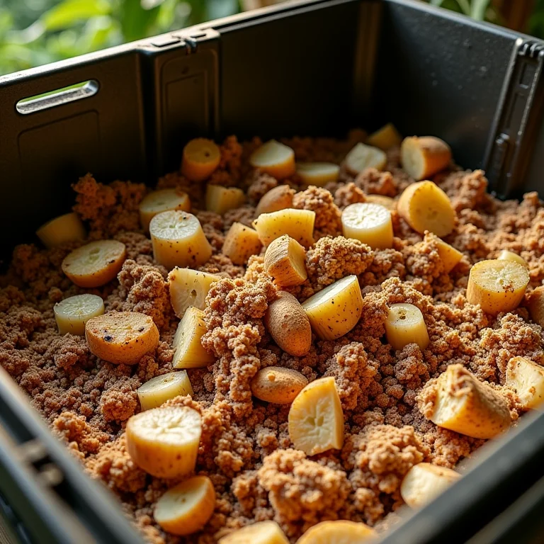 Restos de comida e serragem em uma composteira