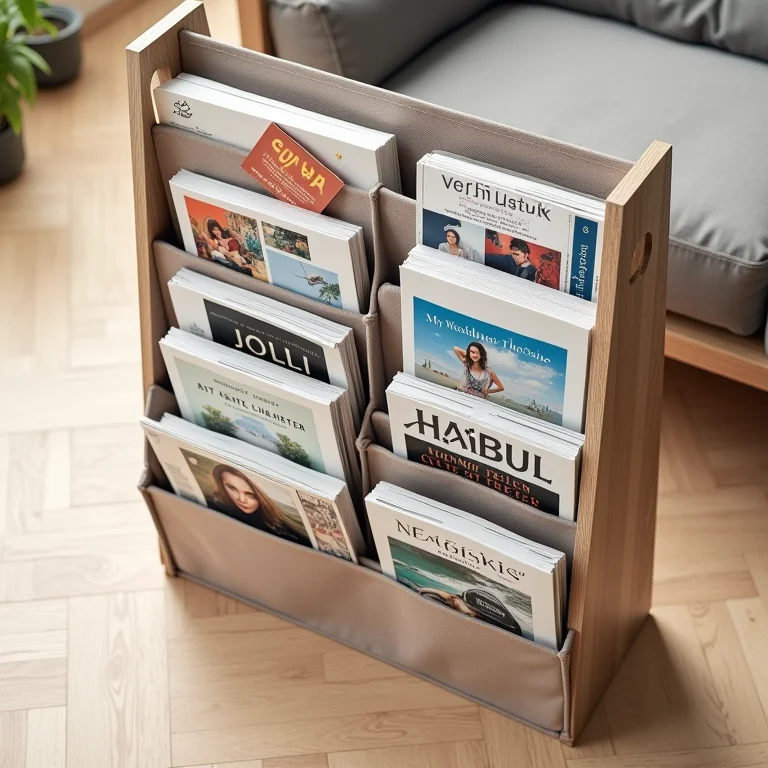 Revisteiro de tecido com revistas coloridas e livros organizados