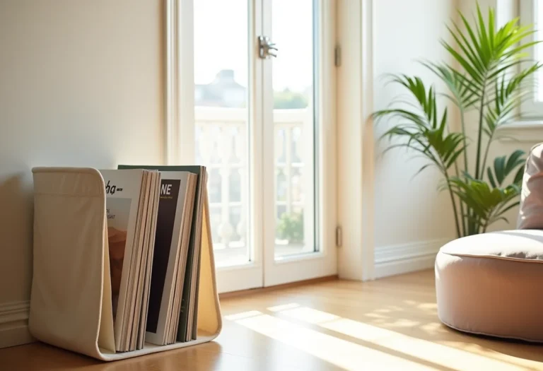 Revisteiro de tecido estiloso em sala de estar iluminada