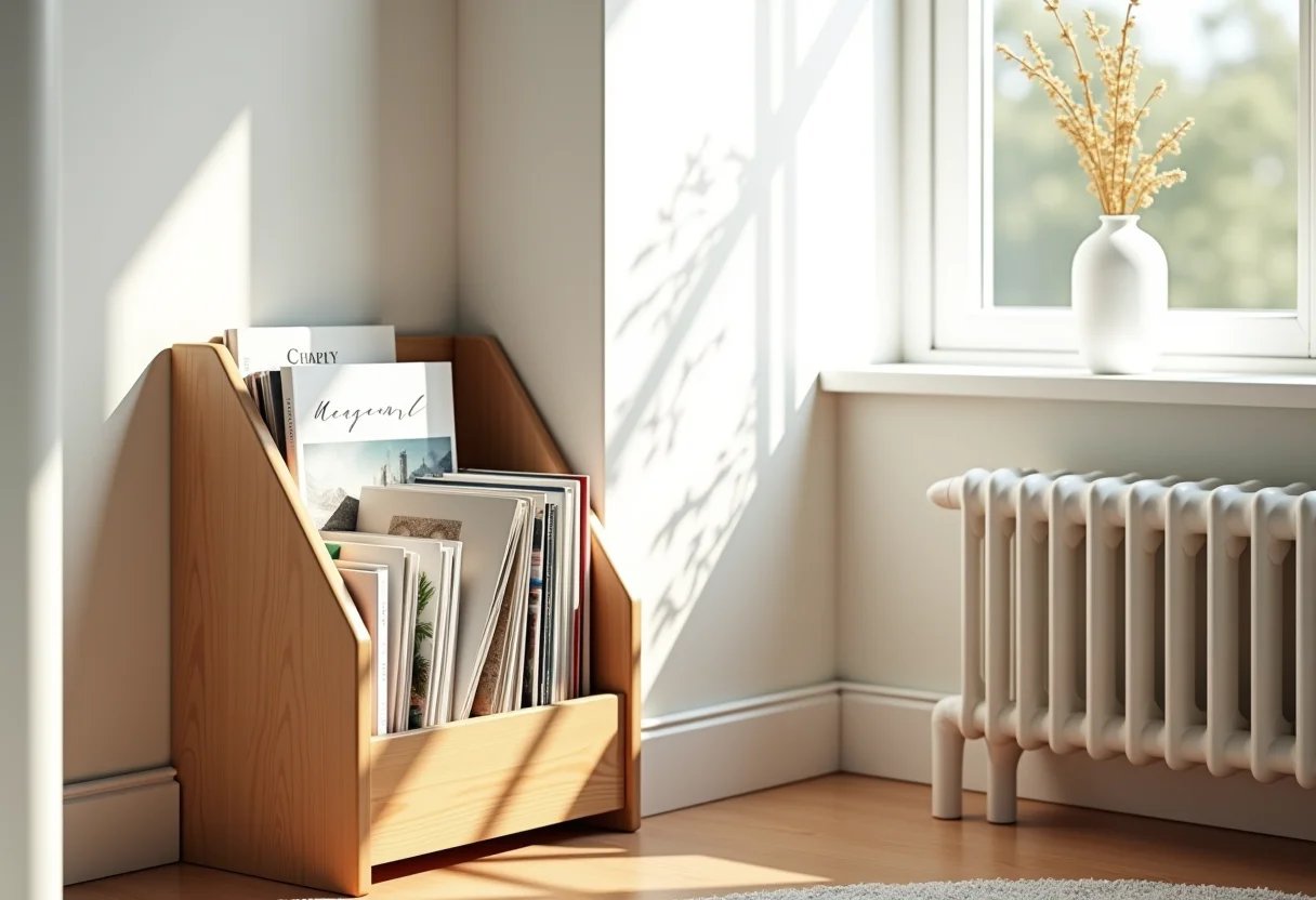 Revisteiro DIY moderno em sala de estar iluminada