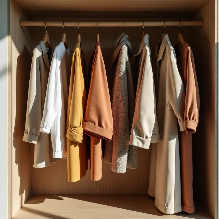 Roupas agrupadas por tipo, cor e estação