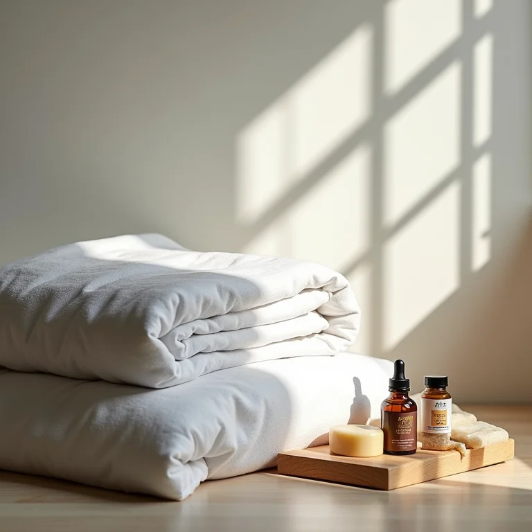 Roupas de cama dobradas e produtos de limpeza naturais em uma lavanderia.