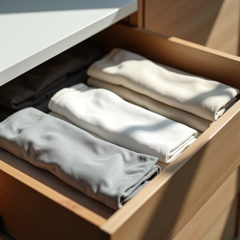 Roupas dobradas verticalmente em gaveta