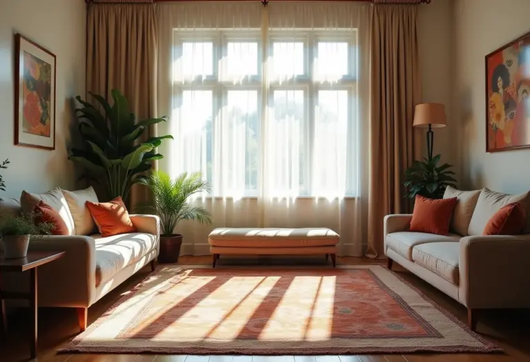 Sala de estar aconchegante com tapete artesanal feito em casa