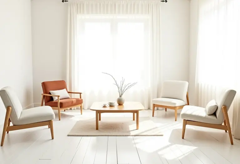 Sala de estar bem iluminada com cadeiras de design variado.