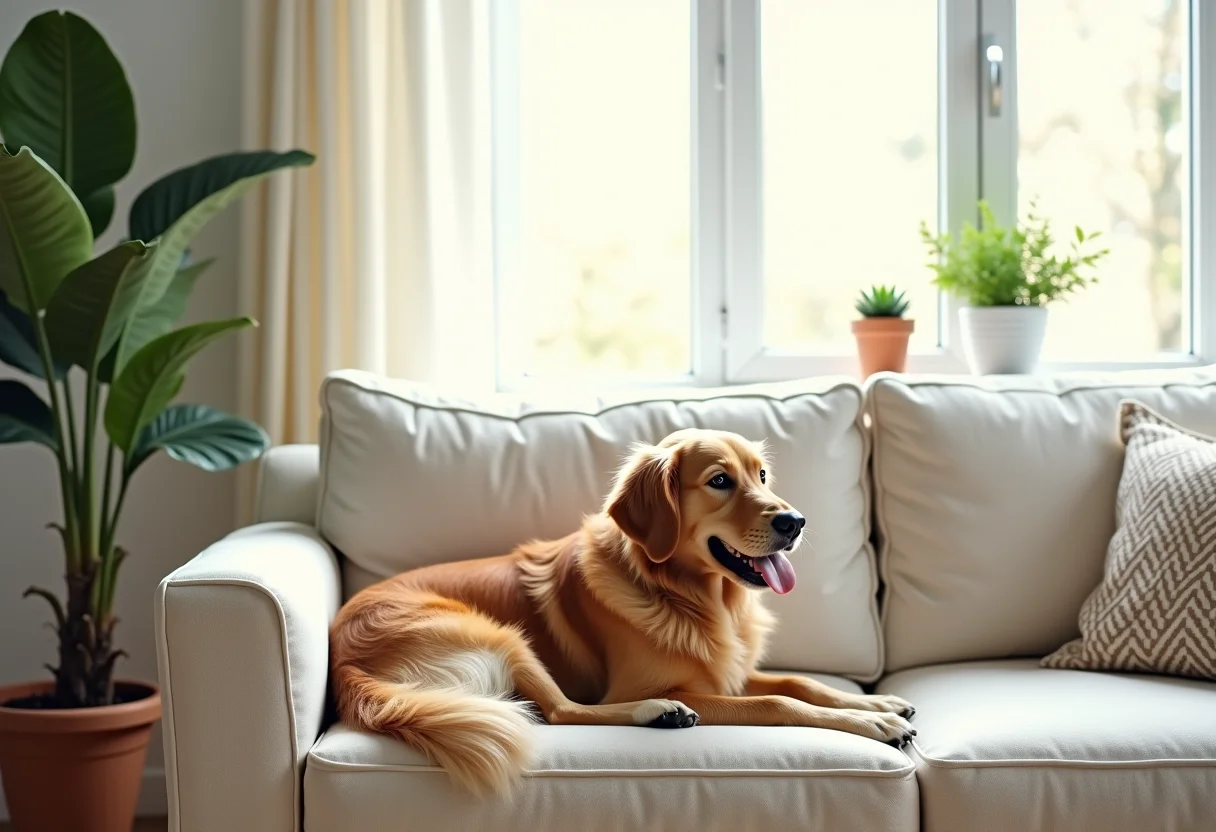 Sala de estar bem iluminada com um golden retriever relaxando no sofá, plantas e decoração minimalista