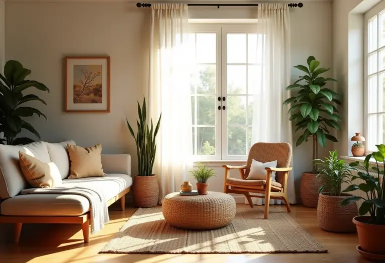 Sala de estar com decoração boho chic, destaque para texturas e iluminação natural