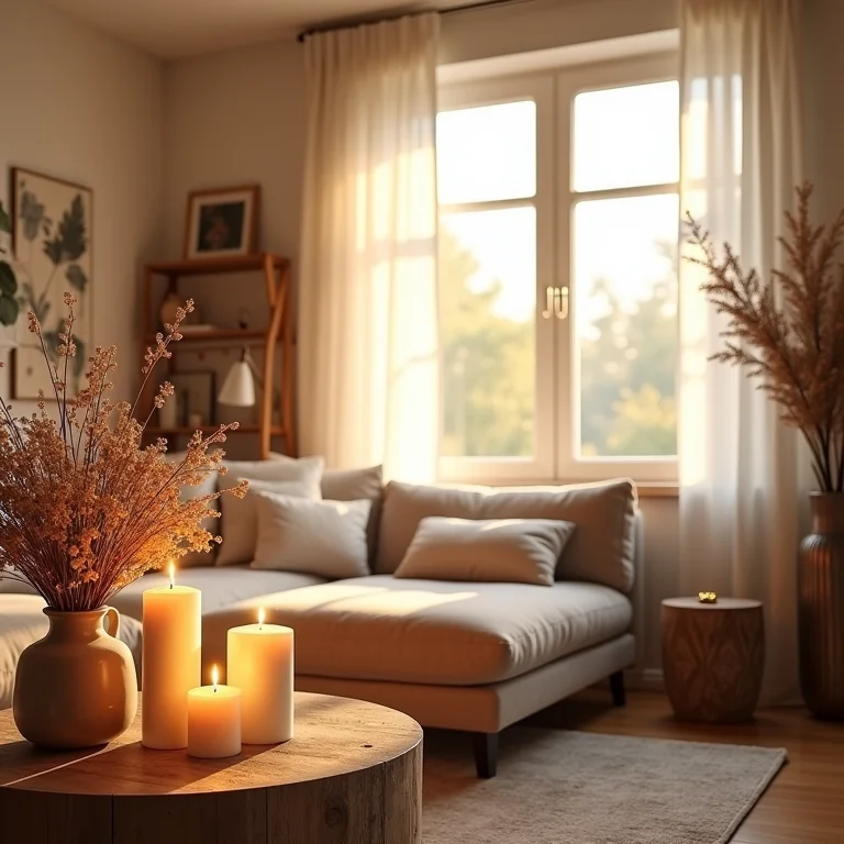 Sala de estar com iluminação suave e decoração acolhedora.