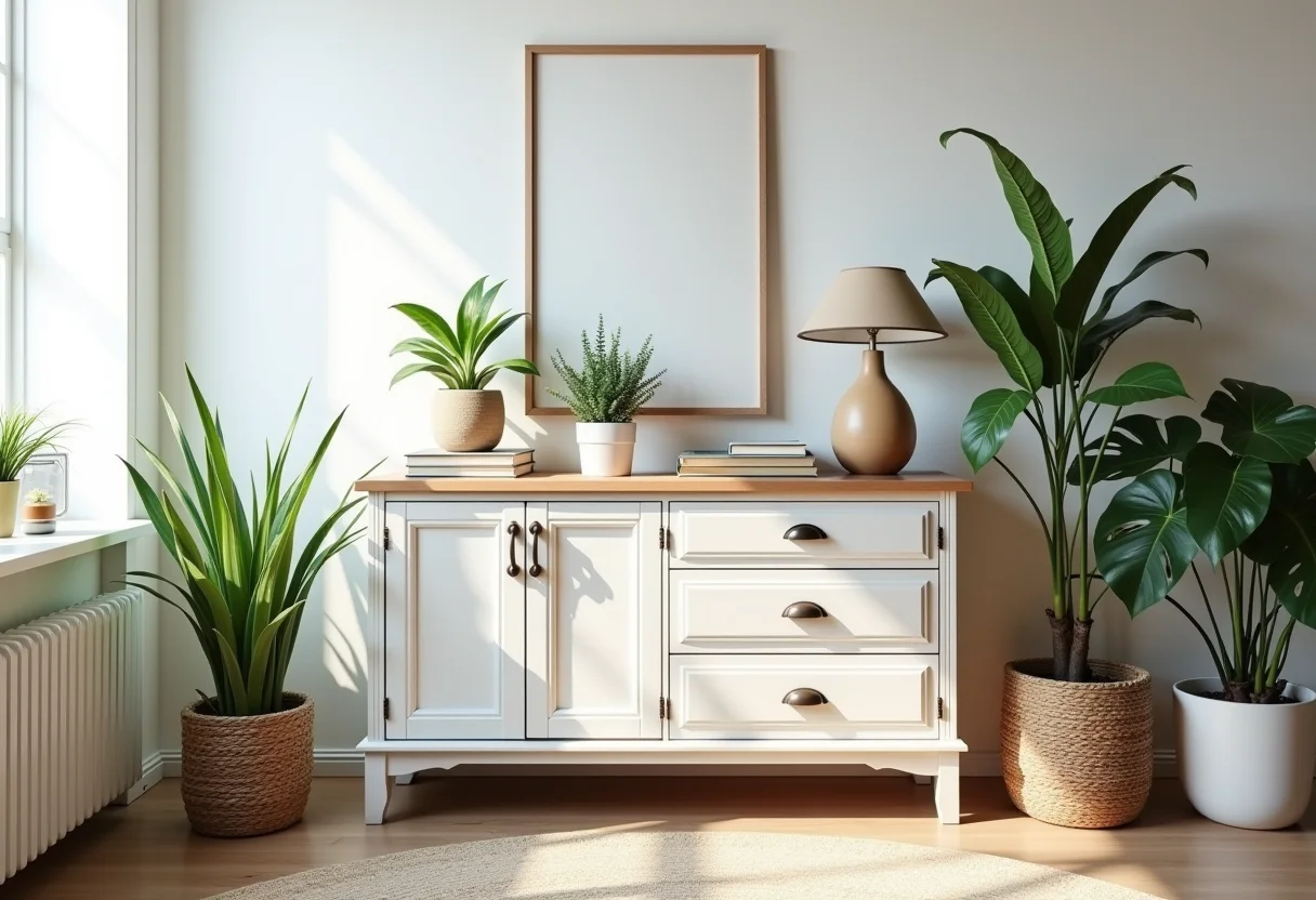 Sala de estar com móveis renovados e decoração moderna