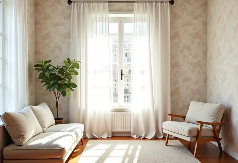 Sala de estar com papel de parede claro e aconchegante