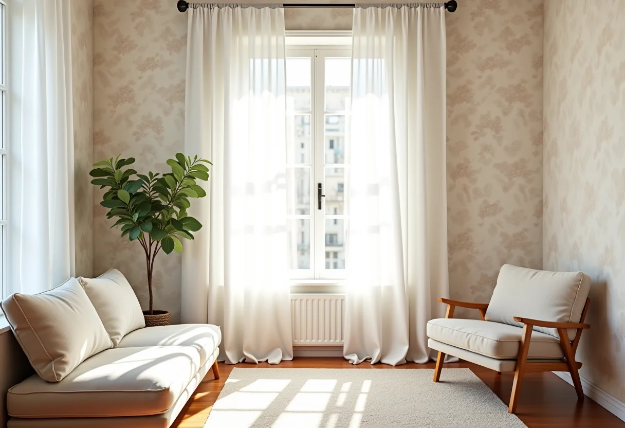 Sala de estar com papel de parede claro e aconchegante