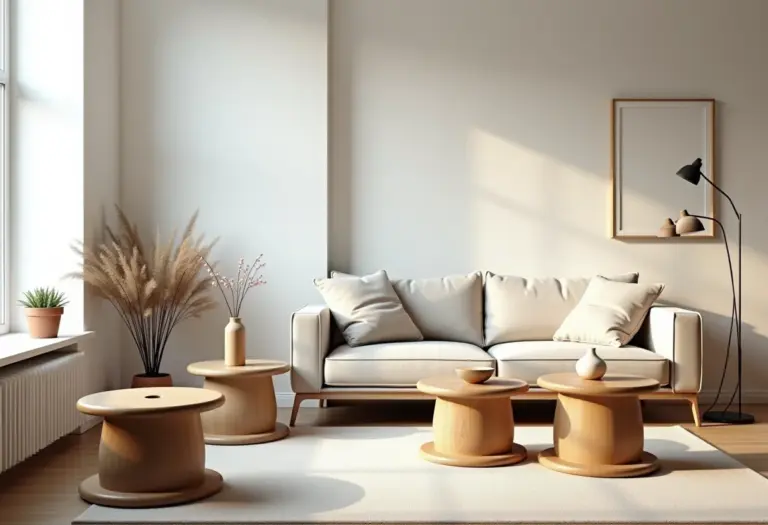 Sala de estar decorada com carretéis de fio reaproveitados