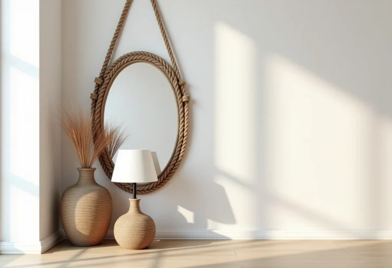 Sala de estar decorada com detalhes em corda náutica.