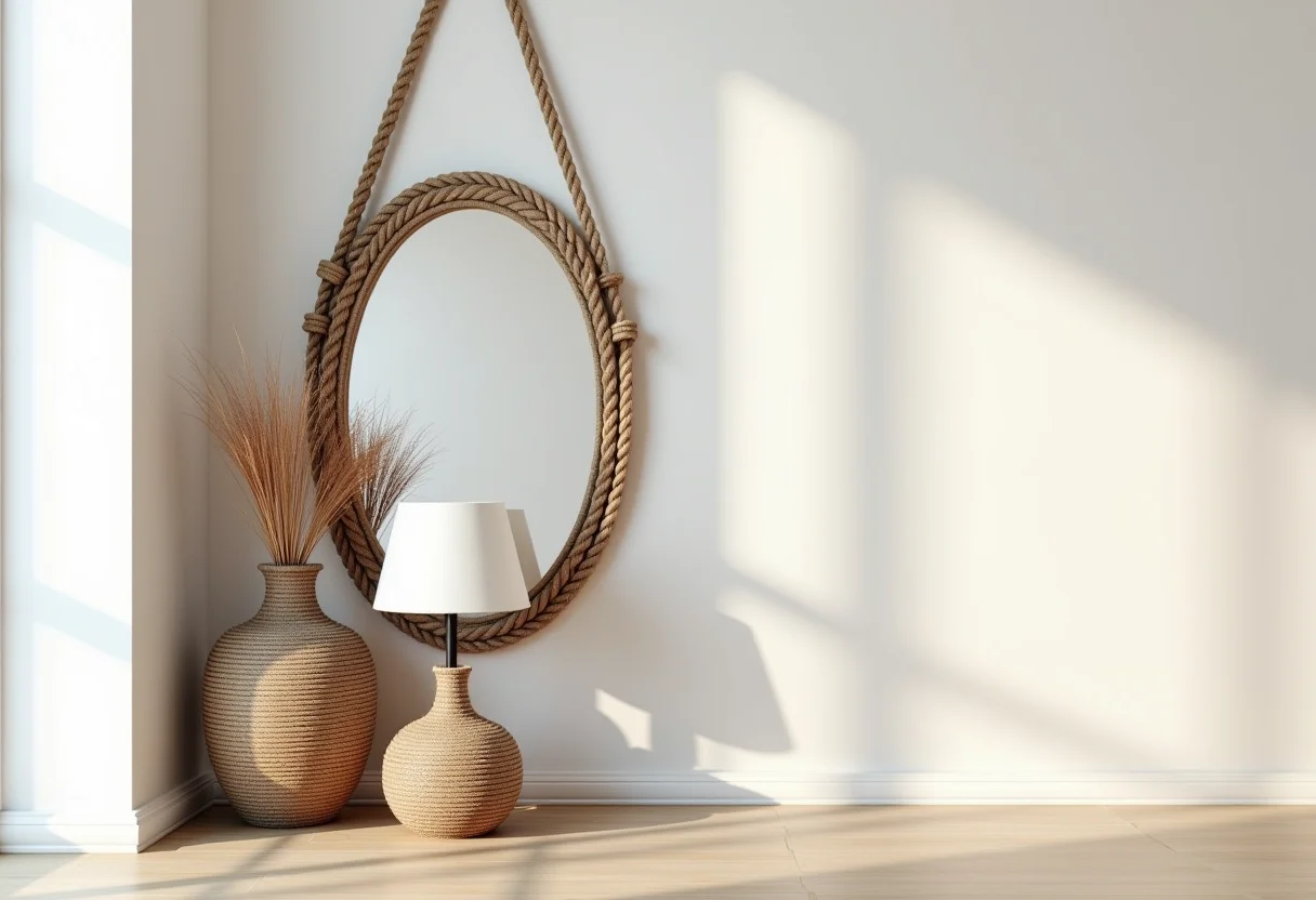 Sala de estar decorada com detalhes em corda náutica.