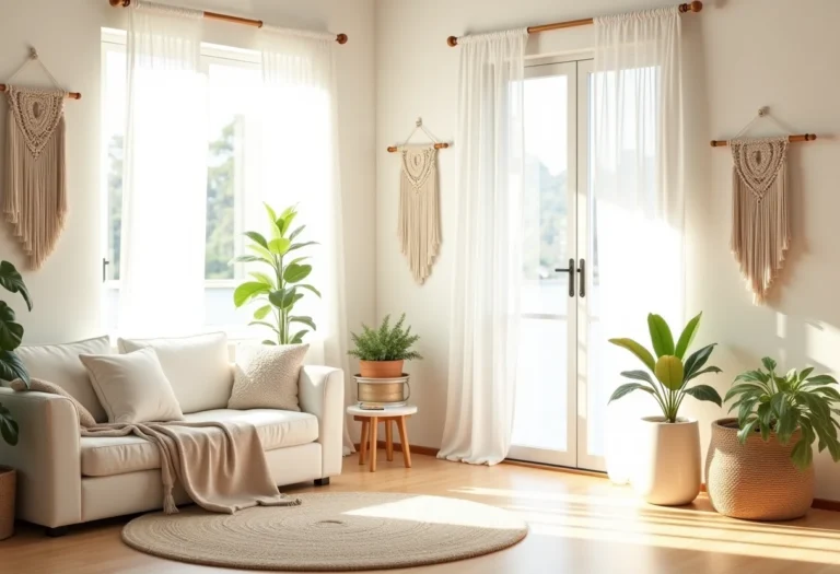 Sala de estar decorada com macramê, estilo boho chic