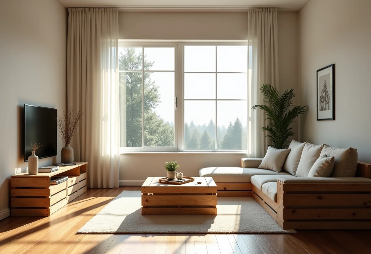 Sala de estar decorada com móveis feitos de caixotes de madeira