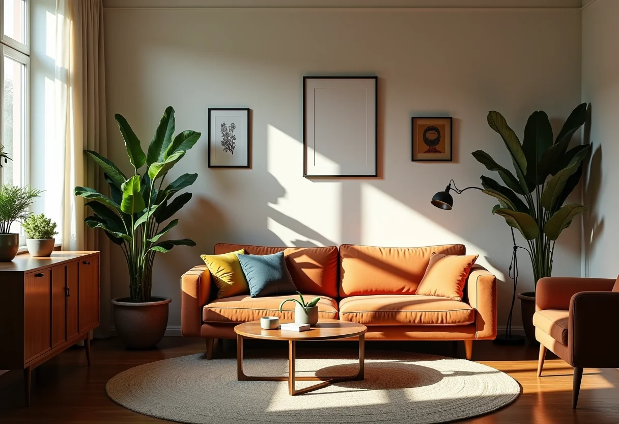 Sala de estar decorada com objetos garimpados