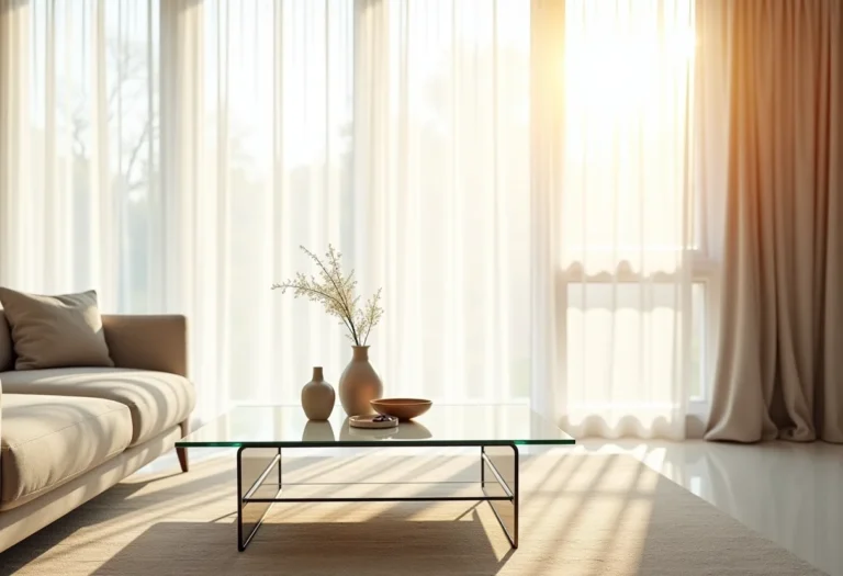 Sala de estar elegante com mesa de centro de vidro e decoração minimalista