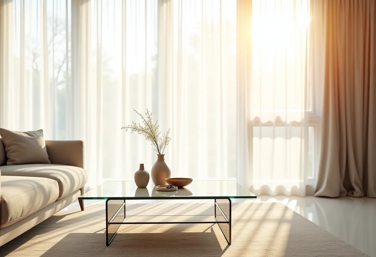 Sala de estar elegante com mesa de centro de vidro e decoração minimalista