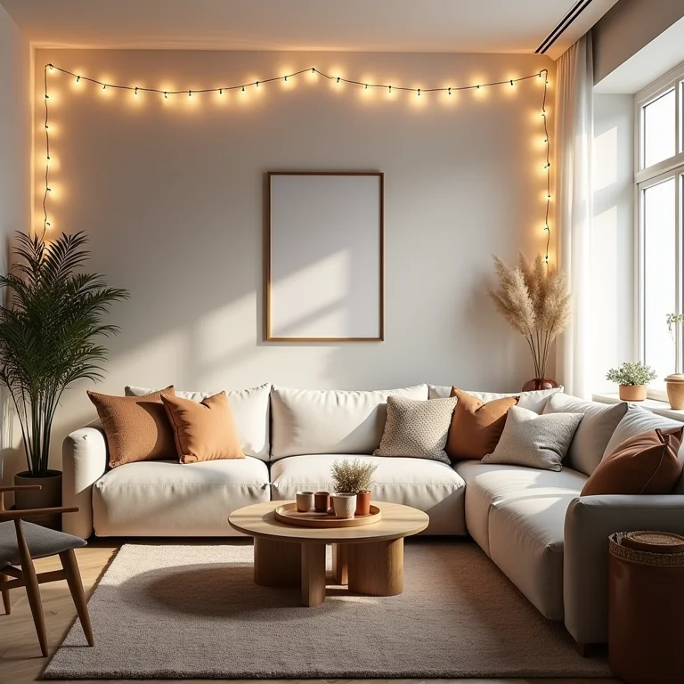 Sala de estar em estilo escandinavo com varal de luzes