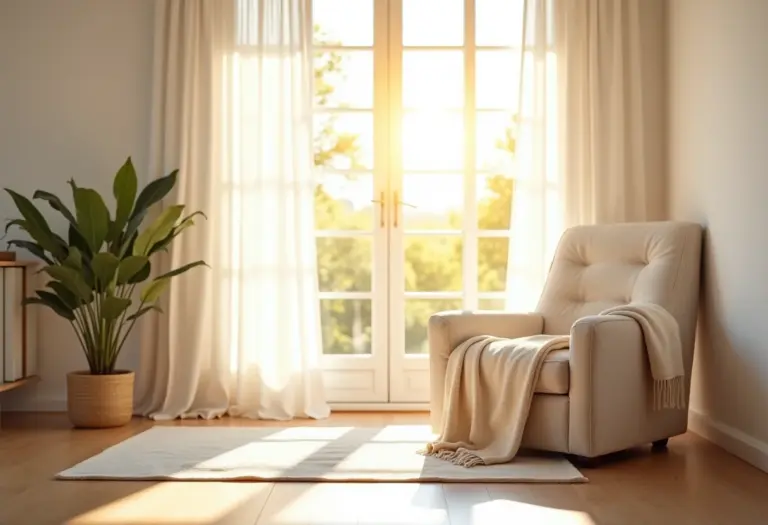 Sala de estar ensolarada com poltrona confortável, transmitindo tranquilidade e facilidade.