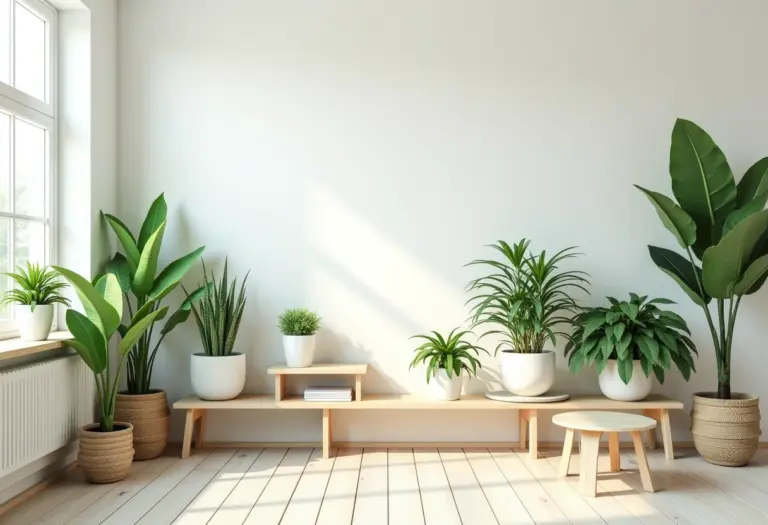 Sala de estar ensolarada com prateleiras DIY cheias de plantas.