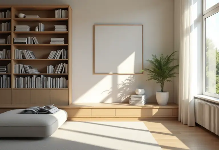 Sala de estar ensolarada com revistas e jornais organizados