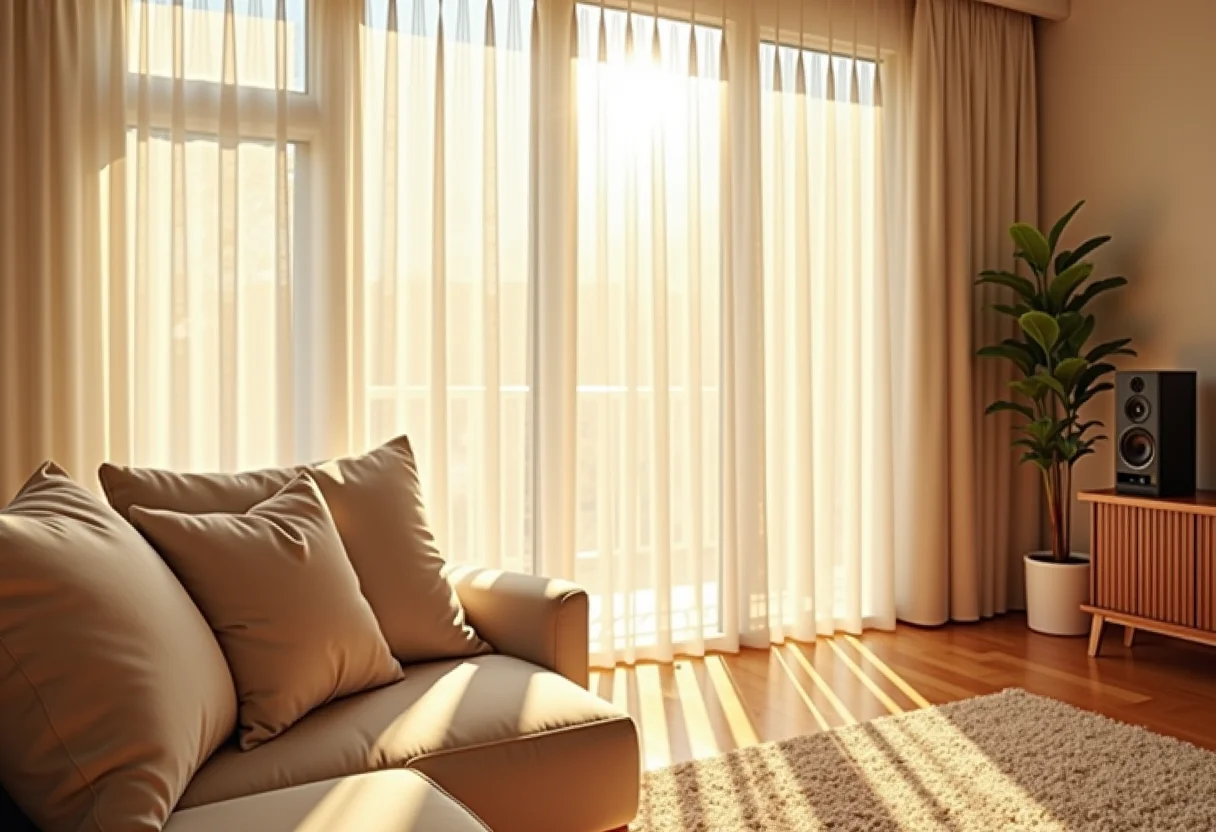 Sala de estar ensolarada com sistema de som minimalista criando atmosfera relaxante