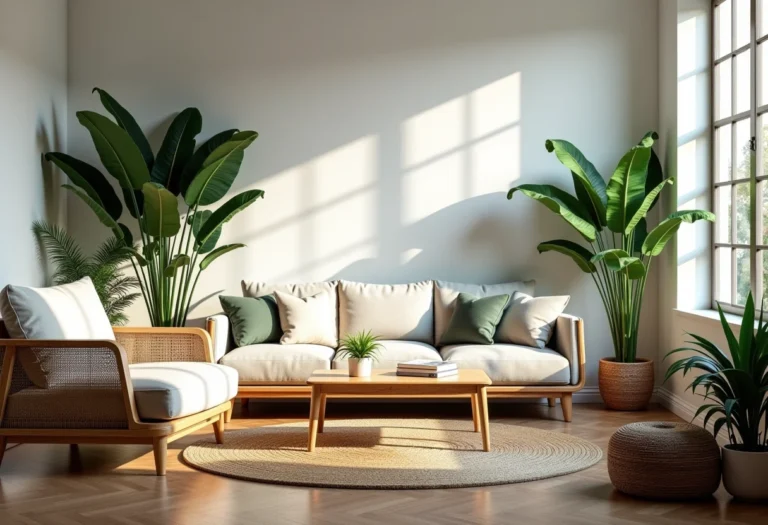 Sala de estar iluminada com decoração natural e plantas exuberantes