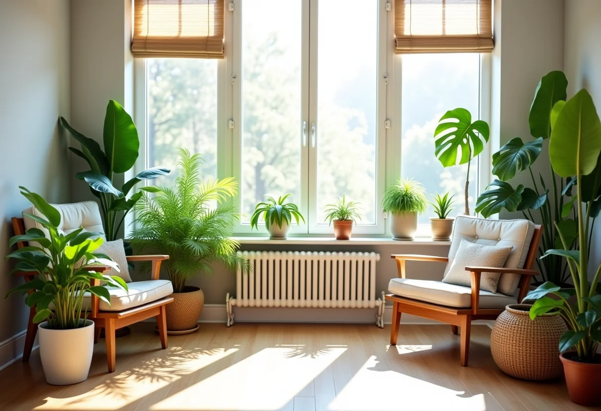 Sala de estar iluminada com diversas plantas Calatheas.