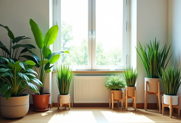 Sala de estar iluminada com diversos suportes de plantas DIY