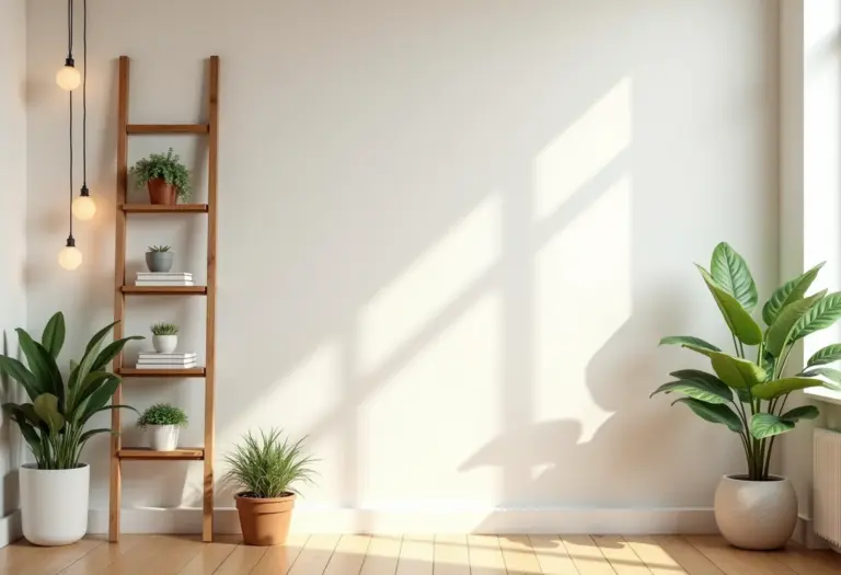 Sala de estar iluminada com escada decorativa de madeira