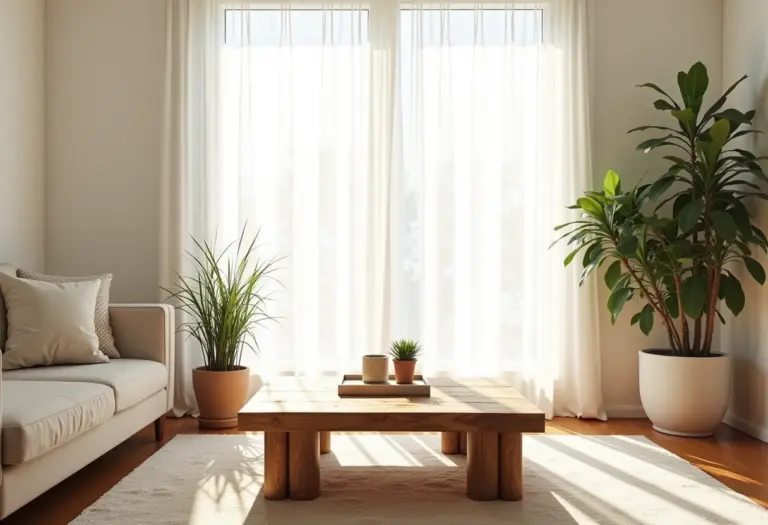 Sala de estar iluminada com mesa de centro DIY.