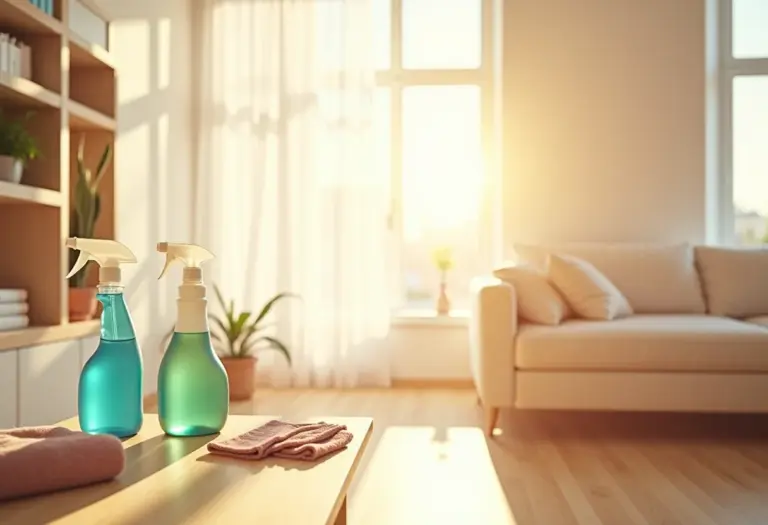 Sala de estar iluminada com produtos de limpeza organizados.