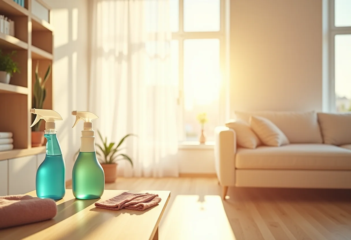 Sala de estar iluminada com produtos de limpeza organizados.