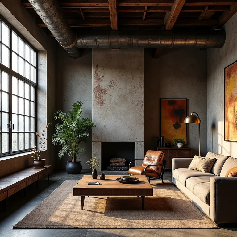 Sala de estar industrial com excesso de elementos brutos.