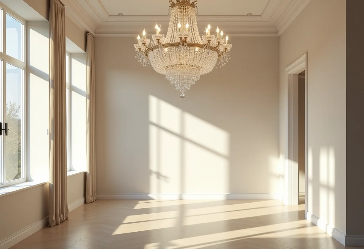 Sala de estar luxuosa com lustre de cristal deslumbrante.