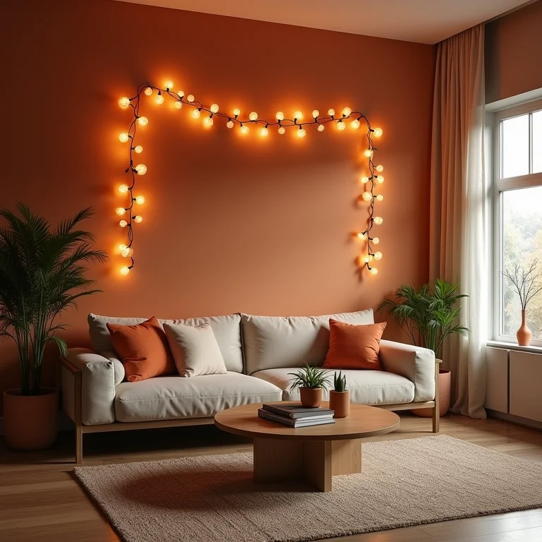 Sala de estar minimalista com luzinhas de tom frio que destoam da paleta de cores.