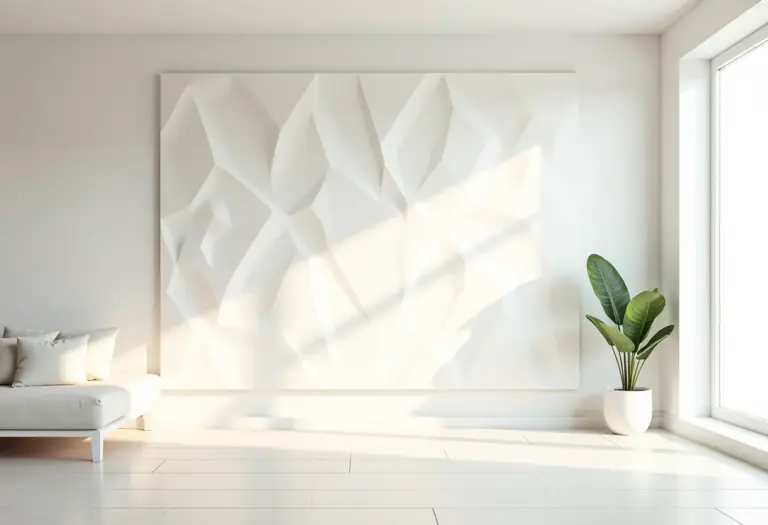Sala de estar moderna com parede decorada com gesso 3D geométrico