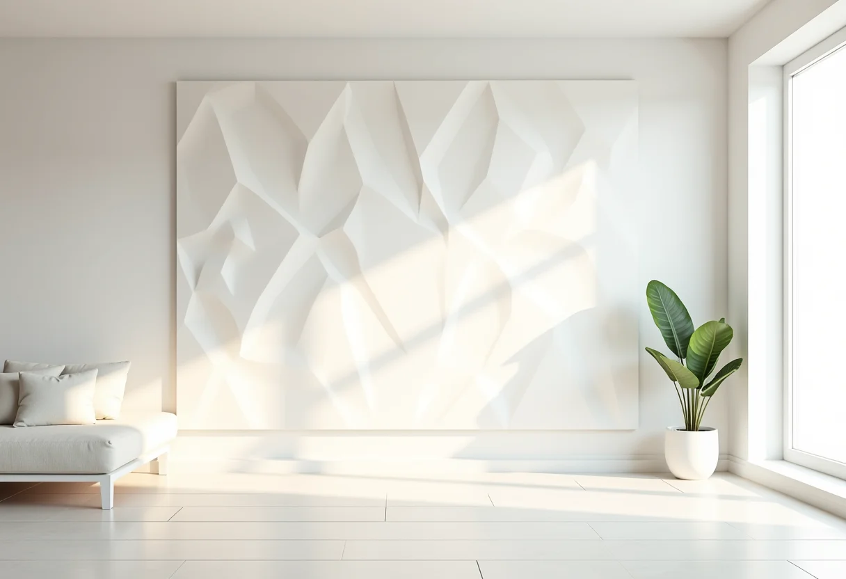Sala de estar moderna com parede decorada com gesso 3D geométrico