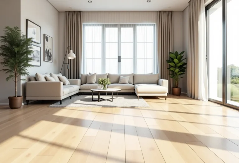 Sala de estar moderna com piso vinílico claro e decoração minimalista