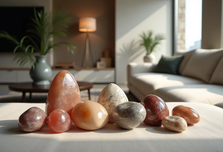 Sala de estar moderna decorada com pedras de diferentes formatos e texturas