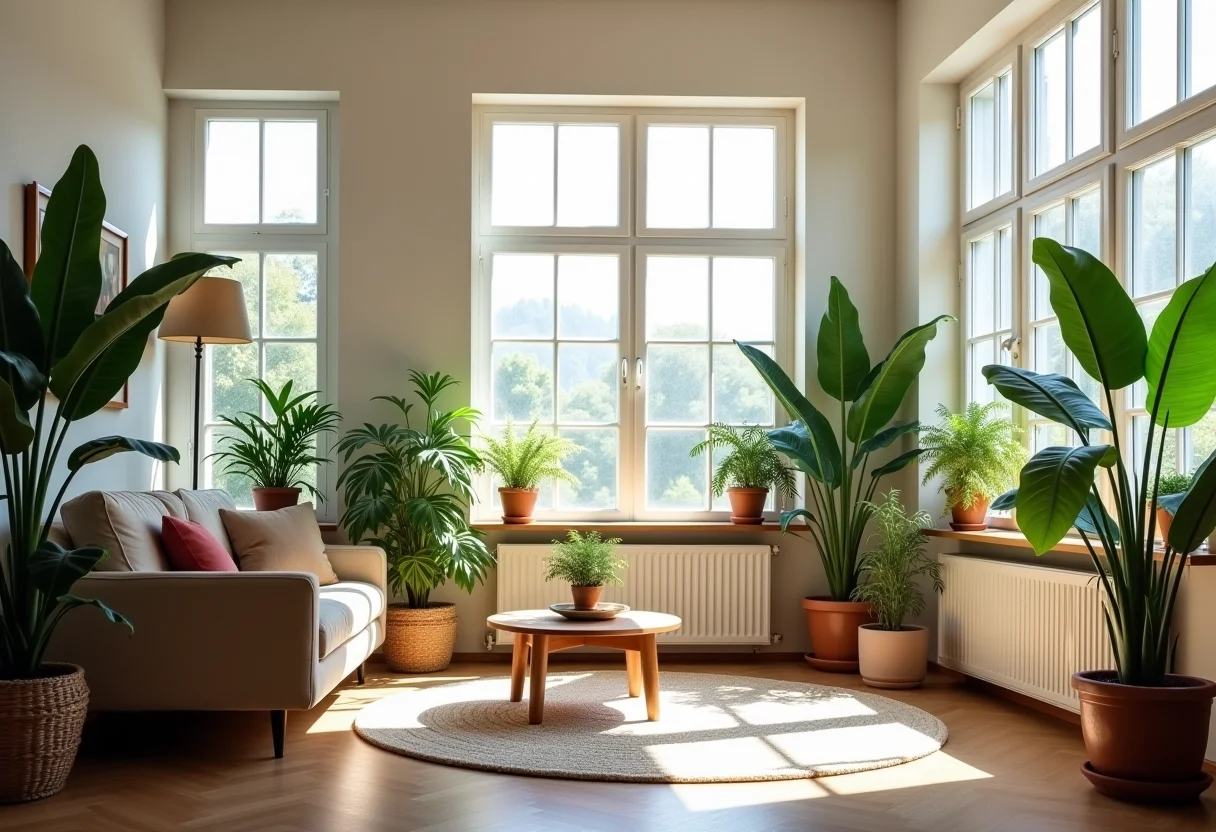 Sala de estar moderna e vibrante decorada com diversas Calatheas.