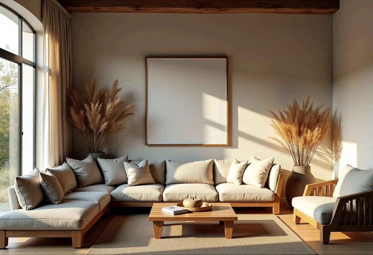 Sala de estar rústica e aconchegante com móveis de madeira reaproveitada.