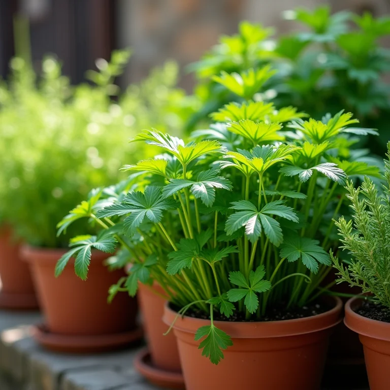 Salsinha e cebolinha em vasos em pátio sombreado