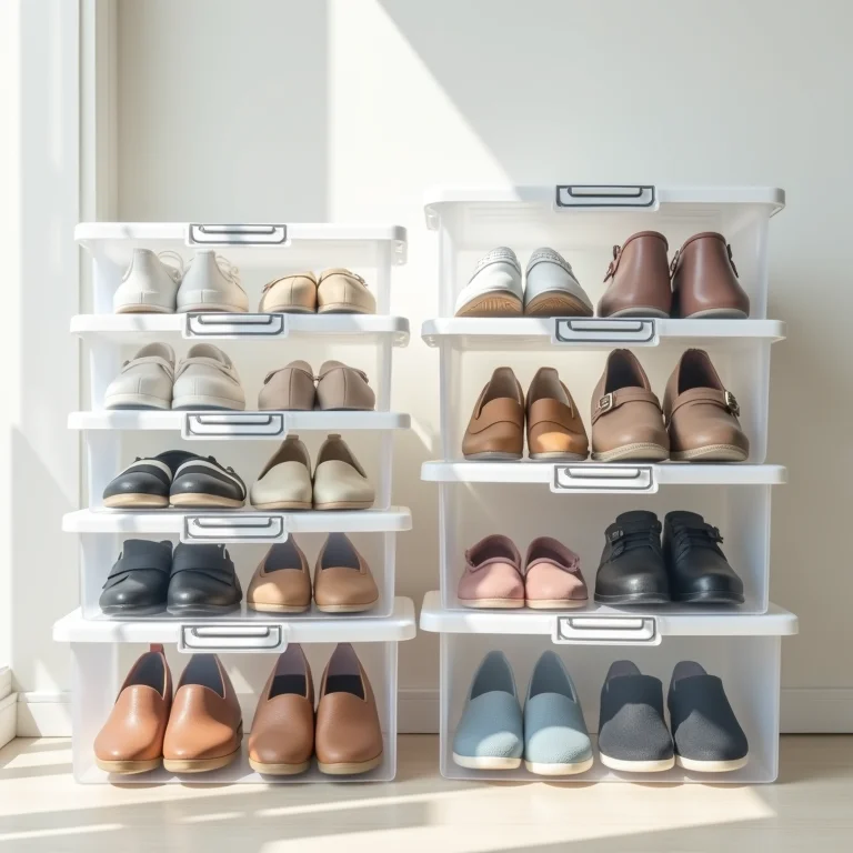 Sapatos organizados em caixas transparentes