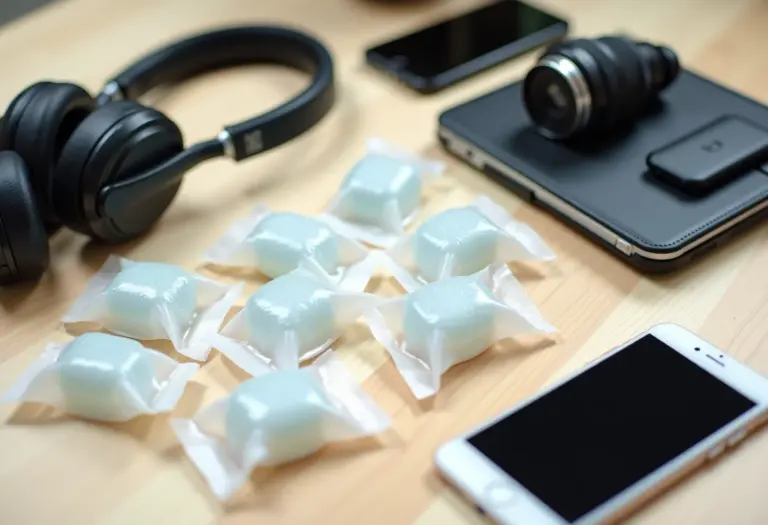 Sílica gel ao lado de eletrônicos diversos, protegendo-os da umidade.