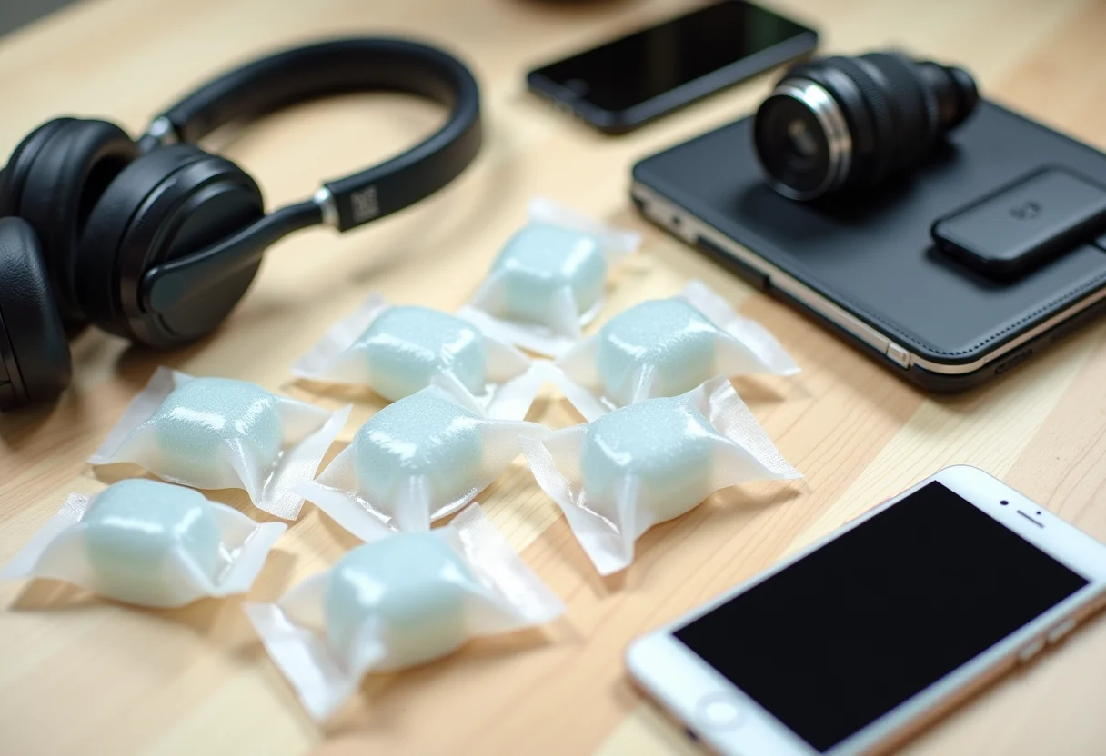 Sílica gel ao lado de eletrônicos diversos, protegendo-os da umidade.